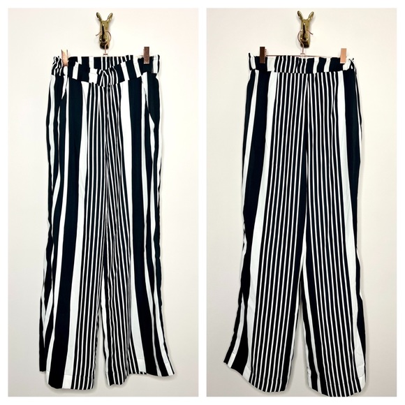 H&M Black & White Striped Pull On Wide Leg Pants - Picture 3 of 7
